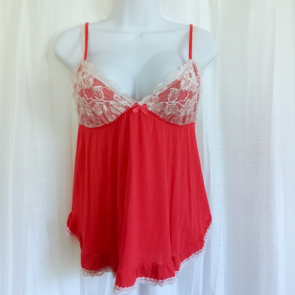 Victoria's Secret Red Babydoll Nightie SZ L Lace Rhinestone Triangle Top SEXY